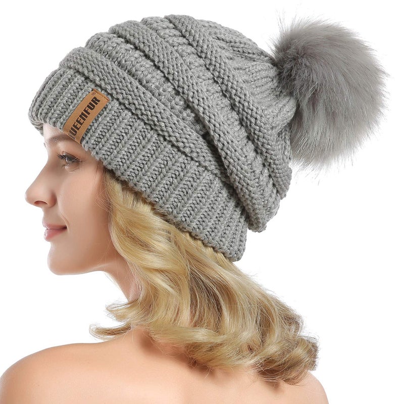 QUEENFUR Women Knit Slouchy Beanie Chunky Baggy Hat with Faux Fur Pompom Winter Soft Warm Ski Cap - Image 1